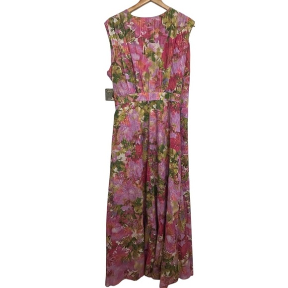Taylor Pink Lilac Floral Sleeveless Maxi Wrap Dress Gold Metallic Stripe Size 16 - Picture 4 of 14